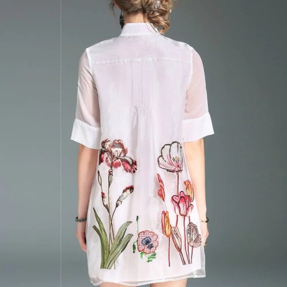 NWoT Lady Ribbon Embroidered Floral Layered Shirt Mini Dress Button White - Picture 5 of 13